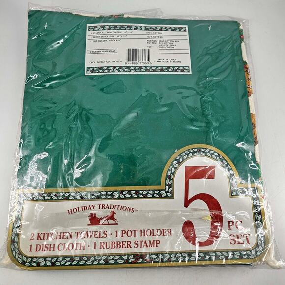 Holiday Traditions 5 pc kitchen towels pot holder Christmas carousel teddy bear - Picture 4 of 4